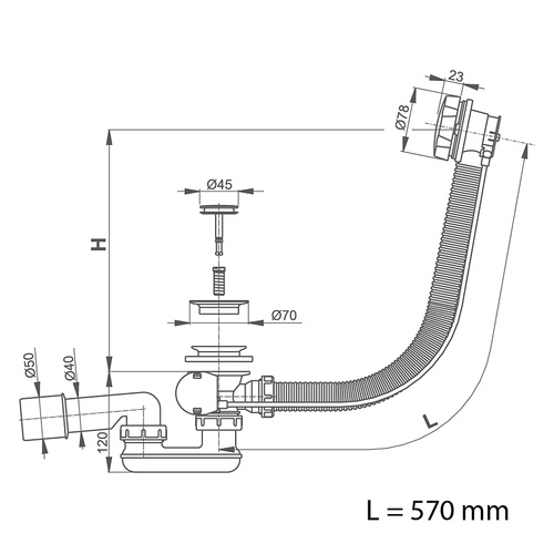 Sifón vaňový - KOMPLET KOV (L = 570 mm)